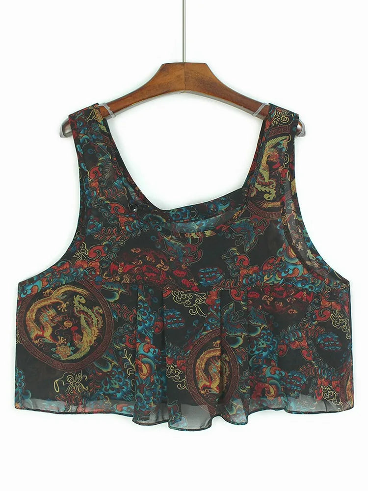 XITAO Sleeveless Vest Print Asymmetrical Dress Pieces Dress O-neck Pullover Patchwork Loose Pocket Slimming Casual Dress GYX1563