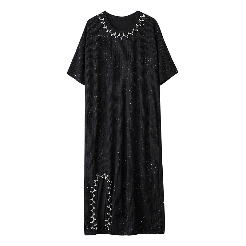 XITAO Vintage Asymmetric O-neck Dress Fashion Bead Patchwork Women Summer Solid Color Slimming Temperament Dress HQQ2481