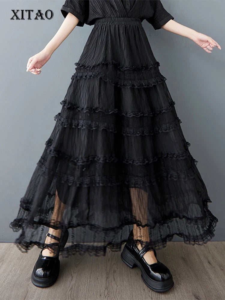 XITAO Lace Patchwork Gauze Elastic Waist Skirt Solid Color Casual Temperament All Match A-line Summer Slimming Skirt ZMY1216