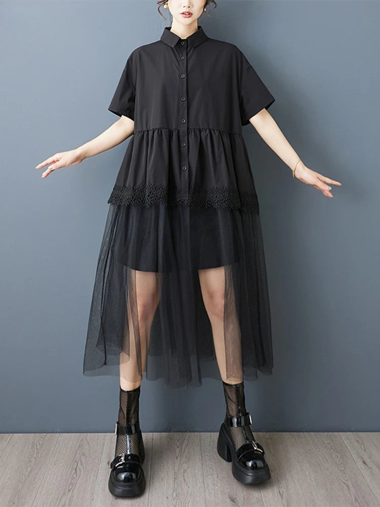 XITAO Gauze Patchwork Folds Female Dress Loose Turn-down Collar Solid Color Short Sleeve Temperament Woman Summer Dress ZMY1253