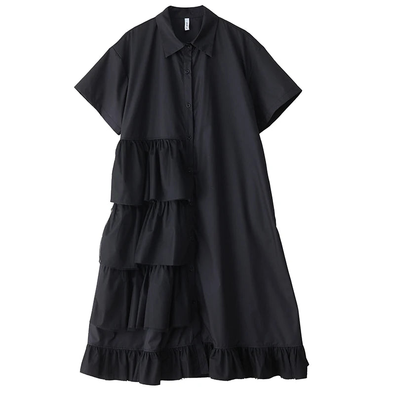 XITAO Patchwork Mesh Pleated Dress Turn-down Collar Casual Solid Color Short Sleeve Loose Fitting Summer Female Dress ZMY1069