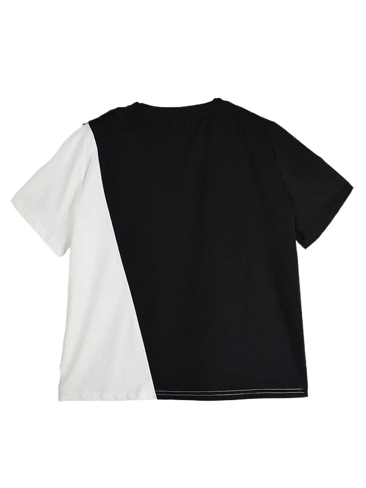 XITAO Gauze Patchwork Contrast Color T-Shirt O-neck Short Sleeve Loose All-match Personality Summer Woman T-shirt ZMY1265