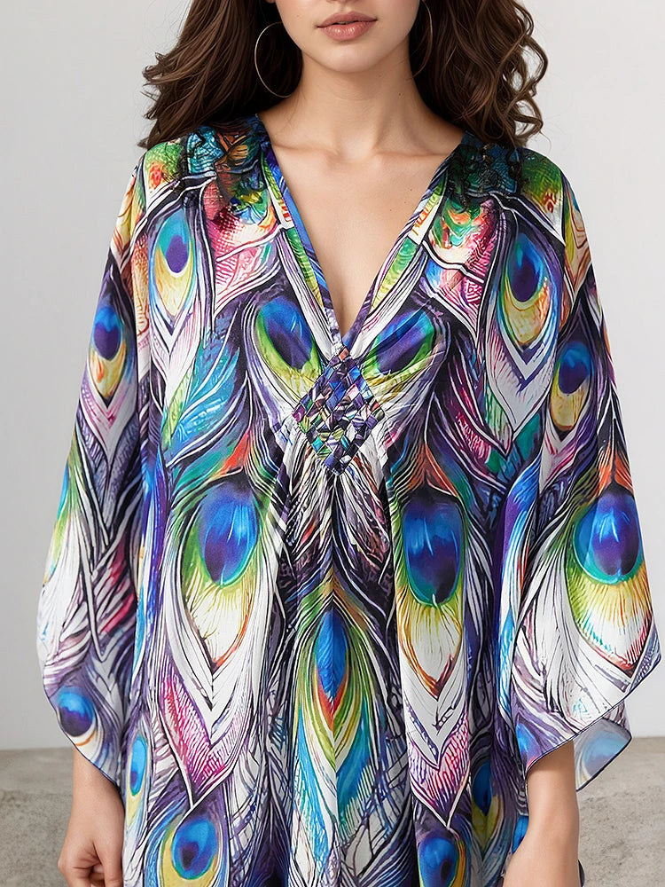 XITAO Irregular Cartoon Printing Bat Sleeve Dress Women Autumn Thin Beach V-neck Pullover Three Quarter Sleeve Dress GJ1206