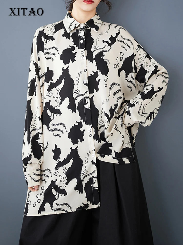 XITAO Print A-line Blouse Casual Loose Fitting Hong Kong Slimming Fashion Full Sleeve Single Breasted Autumn Female Blouse GMM1307