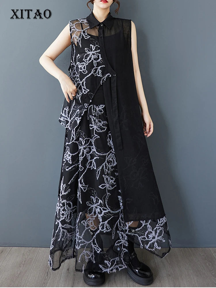 XITAO Embroidery Patchwork Irregular Sets Gauze Sleeveless Turn-down Collar Elastic Waist Temperament Elegant Woman Sets ZMY1267