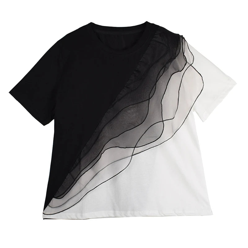 XITAO Gauze Patchwork Contrast Color T-Shirt O-neck Short Sleeve Loose All-match Personality Summer Woman T-shirt ZMY1265