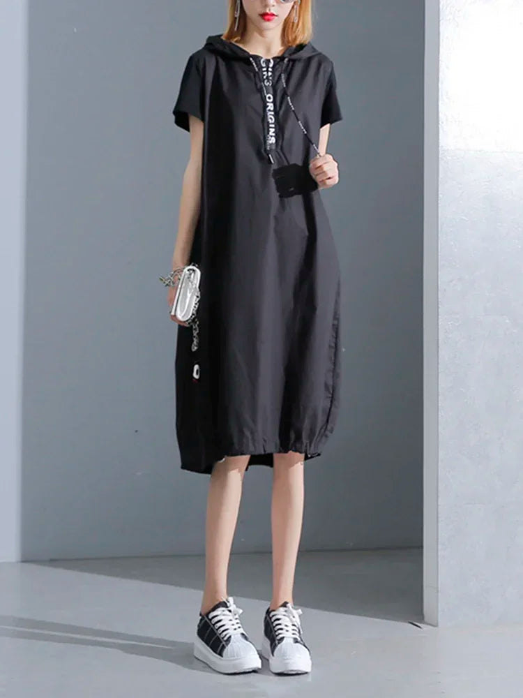 XITAO Hoodie Black Midi Dress 2019 Women Short Sleeve Elegant Womens Clothing Pullover A Line Party Dress New KY428