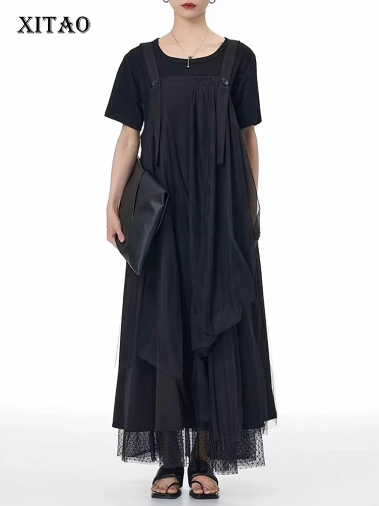XITAO Asymmetrical Gauze Patchwork Dress Sleeveless Square Collar Solid Color Slimming All-match Summer Woman Dress ZMY1307