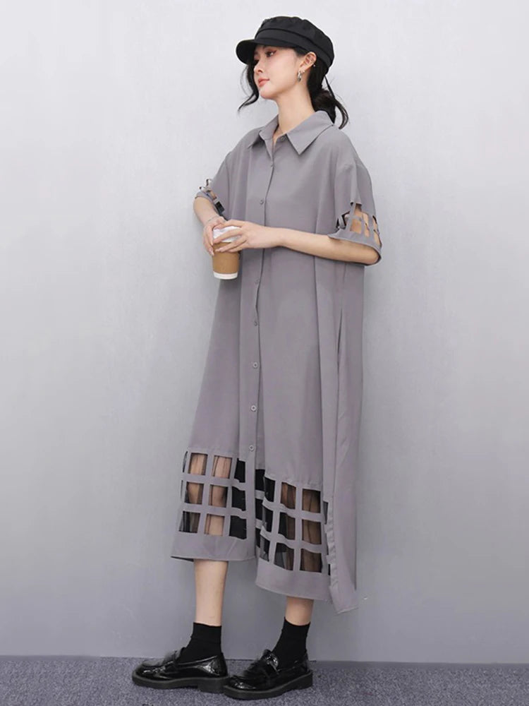 XITAO Hollow Out Patchwork Gauze Short Sleeve Dress Solid Color Turn-down Collar Loose Casual Mid-calf Slimming Dress GYX1621