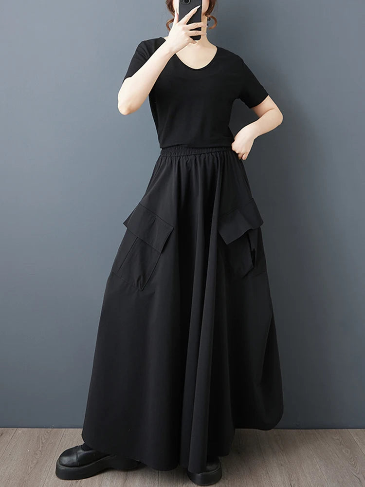 XITAO Pocket Drawstring Loose Skirts Solid Color Elastic Waist Casual All-match Slimming Patchwork Summer Woman Skirts ZMY1297