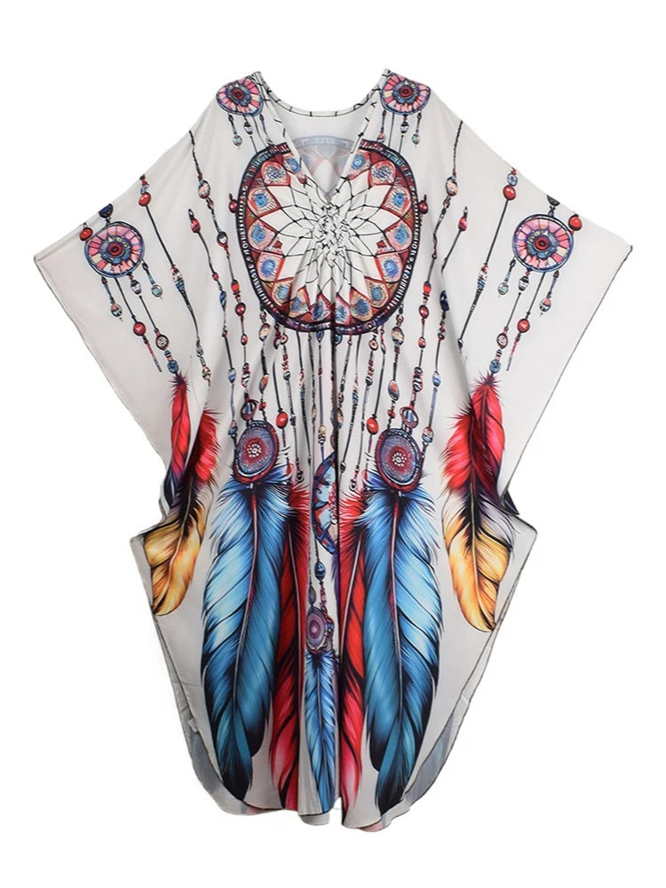 XITAO Print Bat Wing Sleeve Casual Dress Vintage Temperament New Arrival All-match Pullover V-neck Summer Woman Dress GJ1162