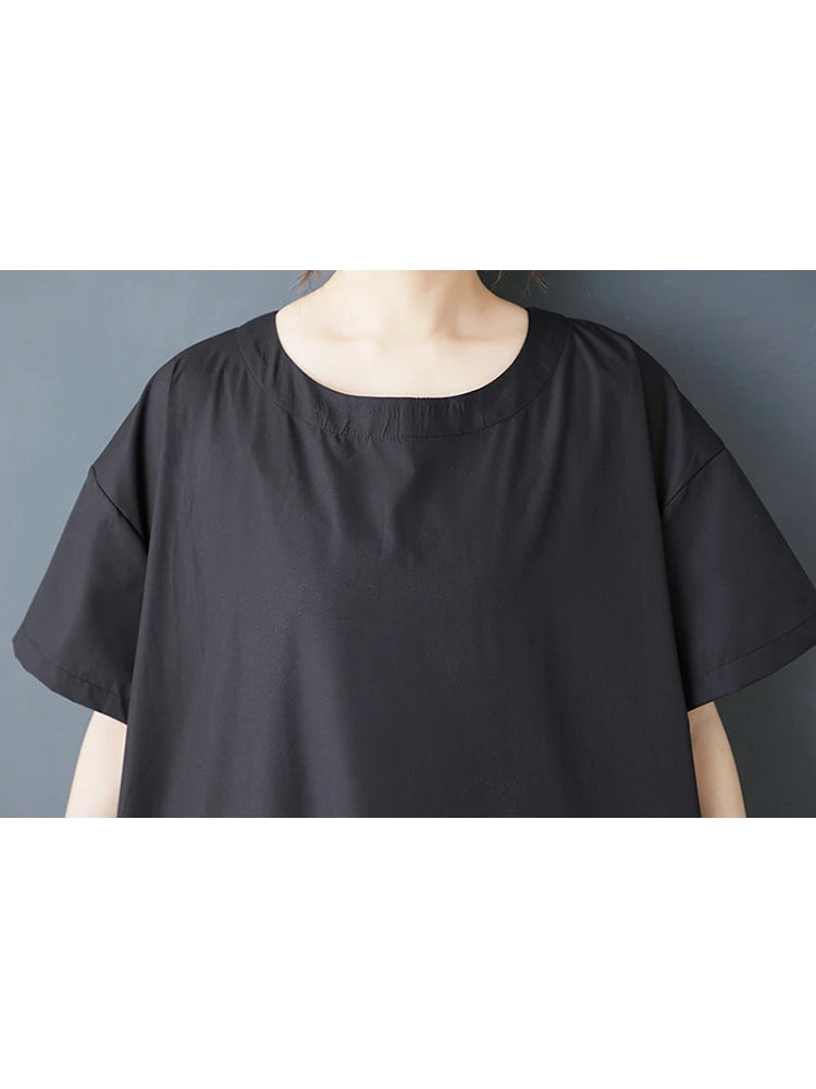 XITAO Patchwork Gauze Pleated Female Dress Loose O-neck Casual Short Sleeve Simple Slimming All-match Summer Woman Dress ZMY1287
