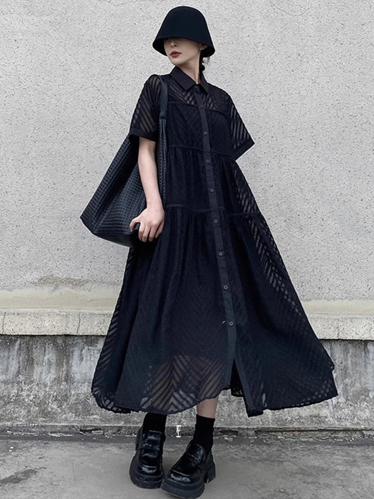 XITAO Patchwork Hollow Out Female Two Piece Dress Turn-down Collar A-line Casual Short Sleeve Simple Summer Woman Dress ZMY1259