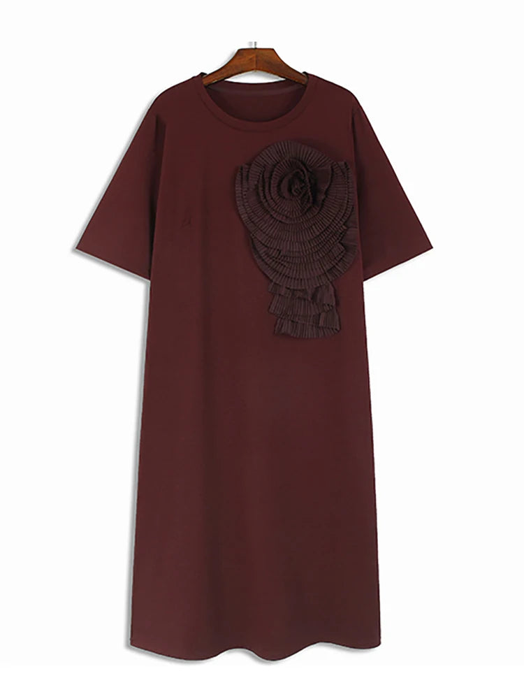 XITAO Three-dimensional Decoration Dresses Solid Color O-neck Pullover Floral Side Split Mid-calf Casual Dress Summer ZY8688