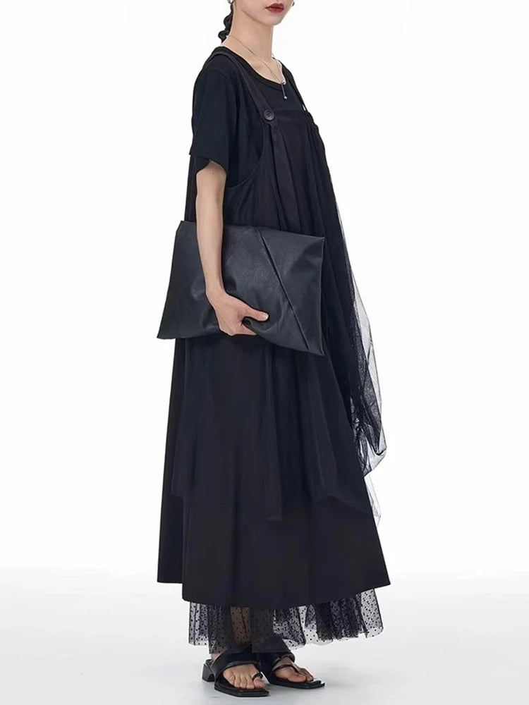 XITAO Asymmetrical Gauze Patchwork Dress Sleeveless Square Collar Solid Color Slimming All-match Summer Woman Dress ZMY1307