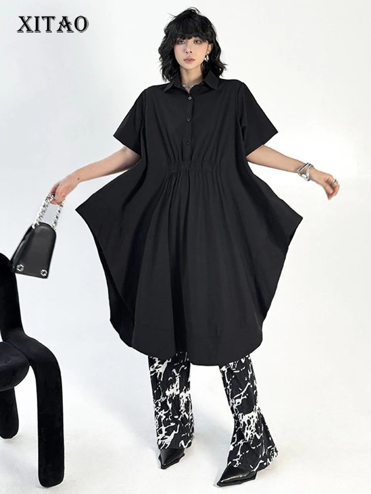 XITAO Asymmetrical Solid Color Patchwork Side Slit Dress Turn-down Collar Loose Casual Simple Slim Summer Woman Dress ZMY1302