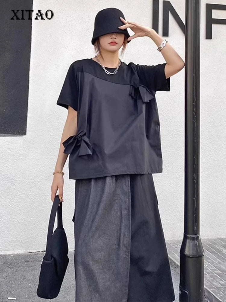 XITAO Patchwork O-neck Flower T-shirt Casual Short Sleeve Loose Fitting Bow Simple New Asymmetric Summer Women T-shirt GYX1610