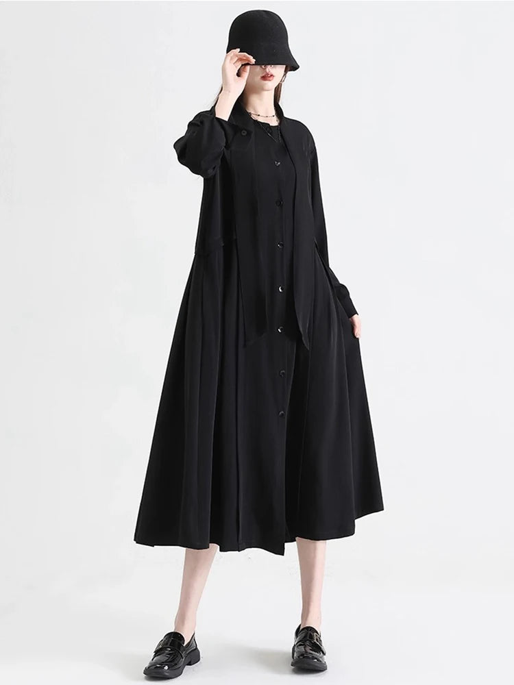XITAO Bandage Patchwork Solid Color Folds Dress Long Sleeve Single Breasted Loose Slimming Temperament A-line Dress HQQ2502