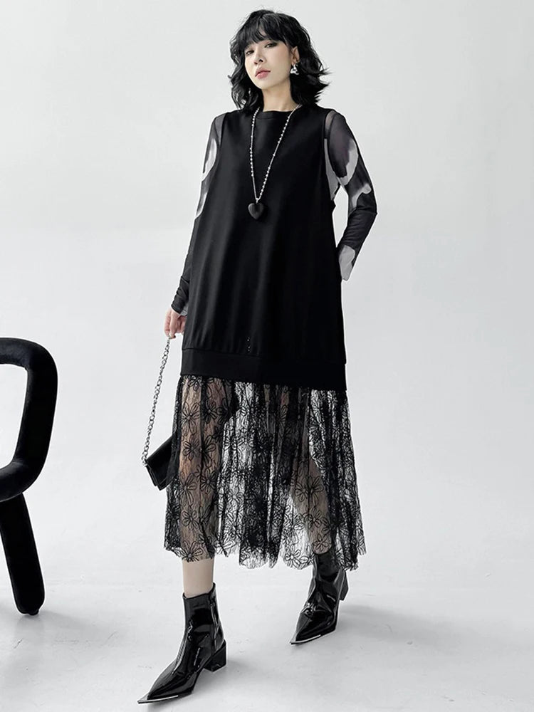 XITAO Mesh Patchwork O-neck Female Dress Simple Temperament Sleeveless Women Summer Fashion Solid Color Slimming Dress ZMY1165