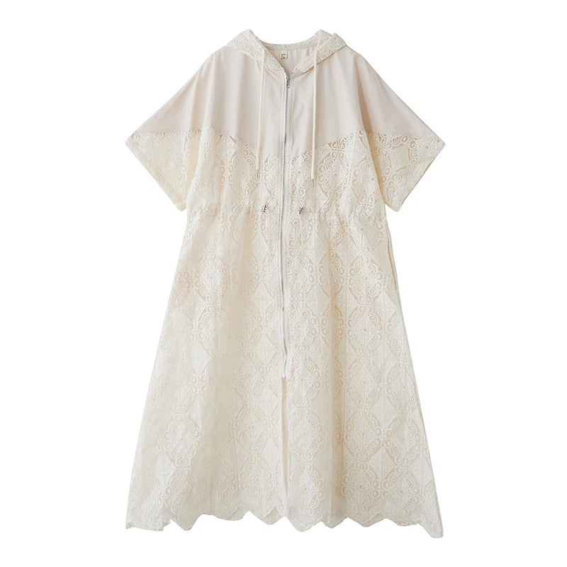 XITAO Hollow Out Hooded Collar Zipper Dress Fashion Patchwork Irregular A-line Women Summer Casual Elegant Dress HQQ2475