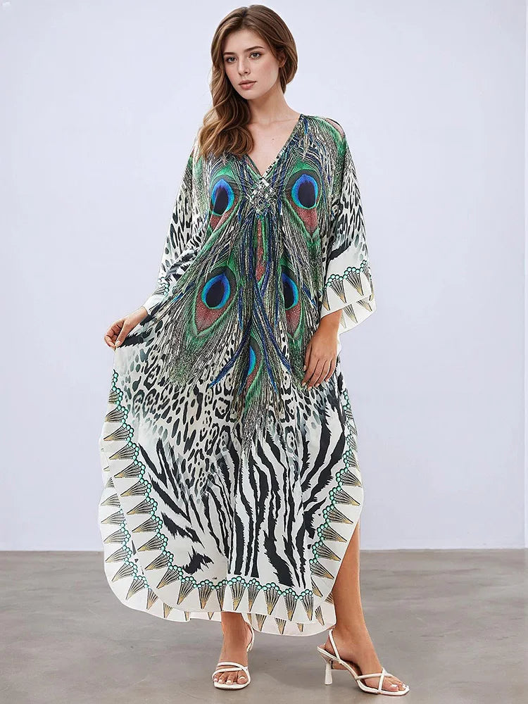 XITAO Female Print Ankle-length Dress Loose Bat Wing Sleeve Contrast Color Fashion Personality V-neck Summer Woman Dress GJ1163