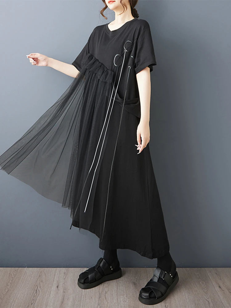 XITAO Gauze Patchwork Loose Female Dress Short Sleeve Pullover Irregular Casual Temperament Slimming Summer Woman Dress ZMY1359