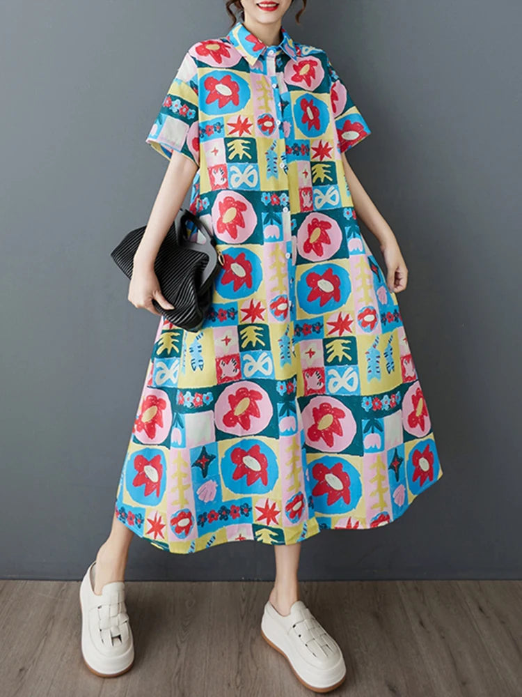 XITAO Print Flower Single Breasted Dress Turn-down Collar Casual New Korea Fashion A-line Short Sleeve Women Dress ZMY1133