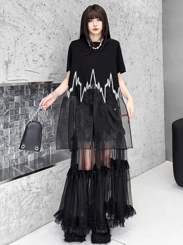 XITAO Patchwork Sequin Loose Dress Side Slit O-neck Short Sleeve Personality Perspective New Arrival Summer Woman Dress ZMY1324