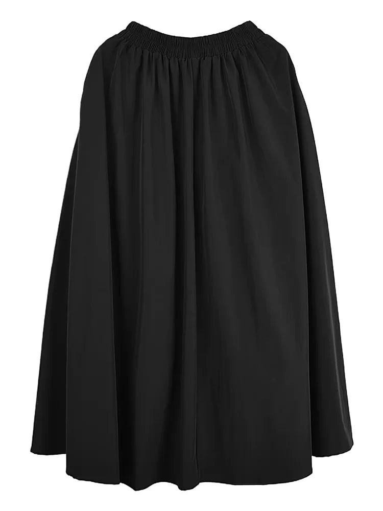 XITAO Fold Solid Color Elastic Waist Skirt Pocket Patchwork A-line Mid-calf Loose All Match Slimming Temperament Skirt ZMY1187
