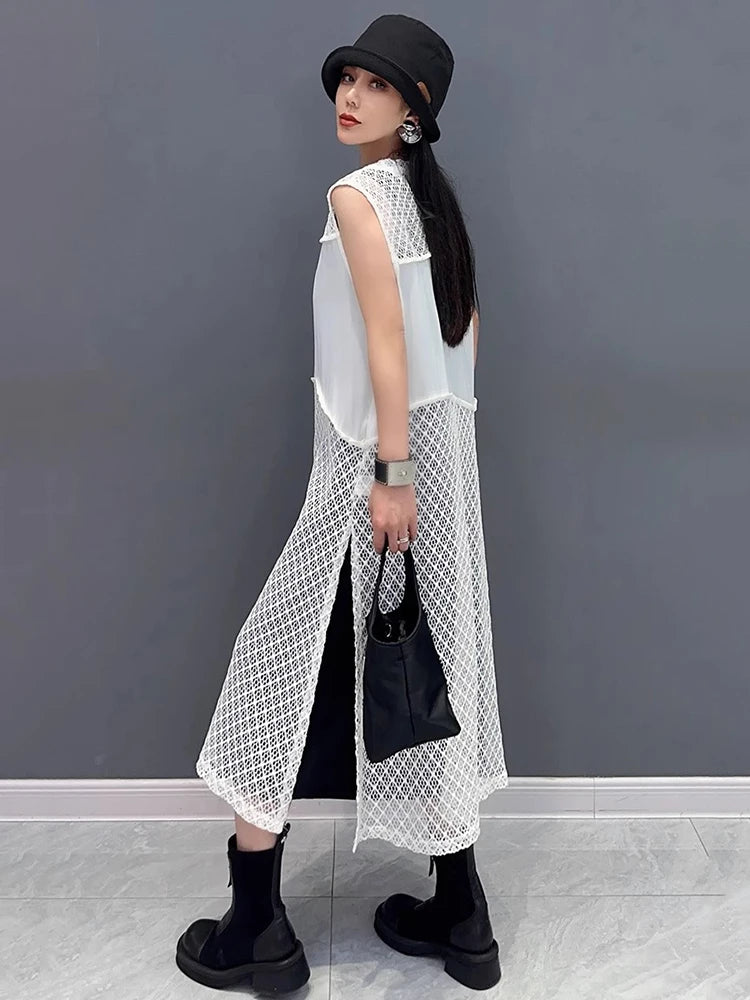 XITAO Hollow Out Patchwork Sleeveless Dress Casual Solid Color Simple A-line Fashion New Arrival Summer Women Dress ZMY1244