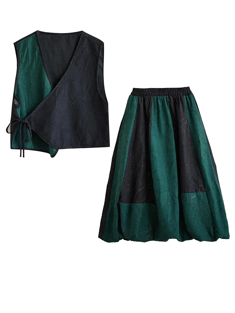 XITAO Vintage Dress Sets Sleeveless Lace-up Top Skirt Two Piece Sets Women Fashion Asymmetrical Contrast Color Patchwork DMJ3108