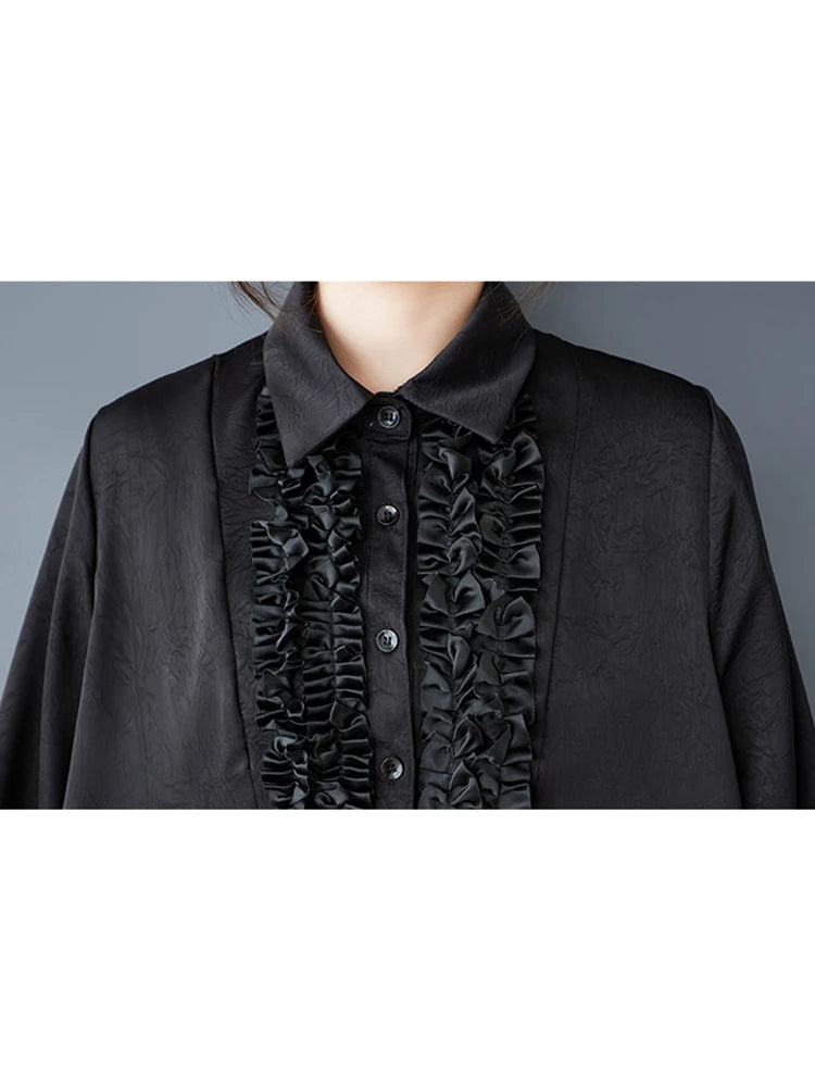 XITAO Loose Vintage Patchwork Shirt Dress Casual Solid Color All-match Single Breasted Women Long Sleeve A-line Dress GYX1562