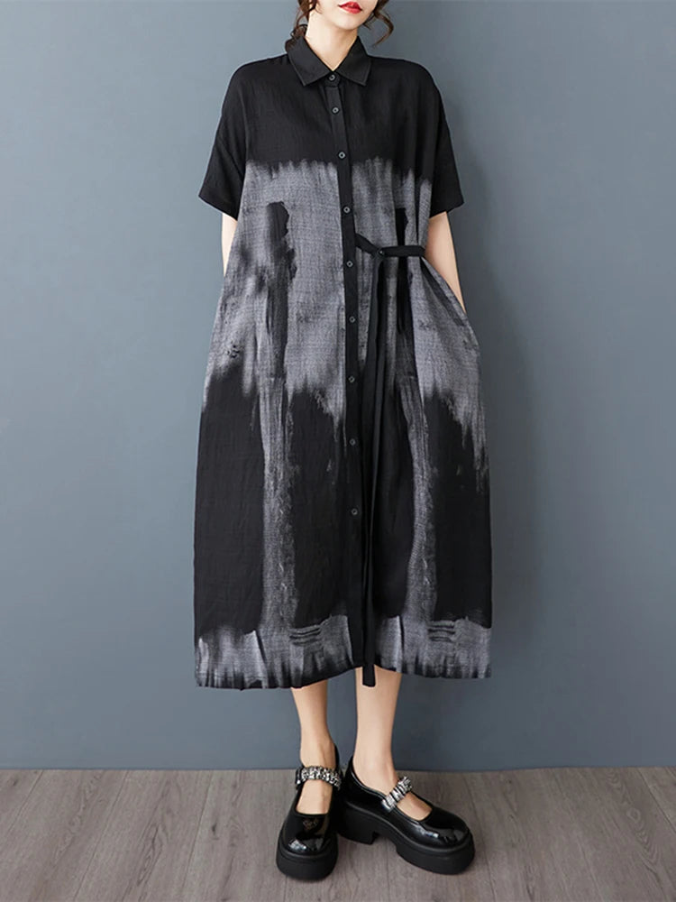 XITAO Print Patchwork Pocket Short Sleeve Dress Turn-down Collar Single Breasted Casual Mid-calf Loose Shirt Dress HQQ2465