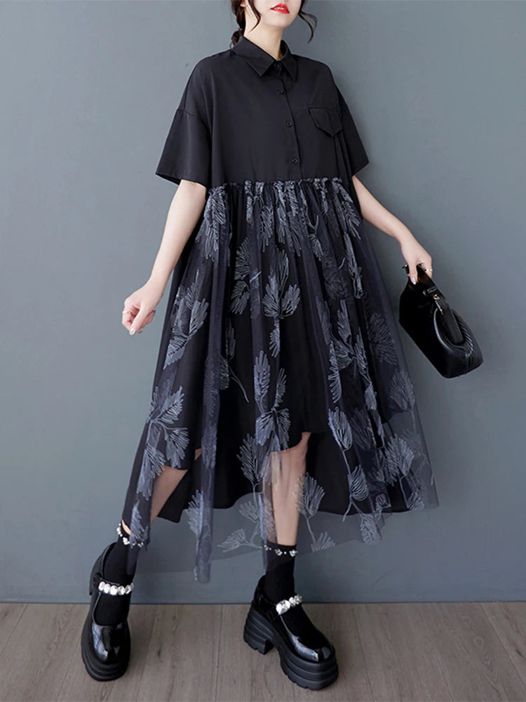 XITAO Patchwork Mesh Single Breasted Dress Casual Loose Fitting Short Sleeve Turn-down Collar New Arrival Female Dress GYX1630