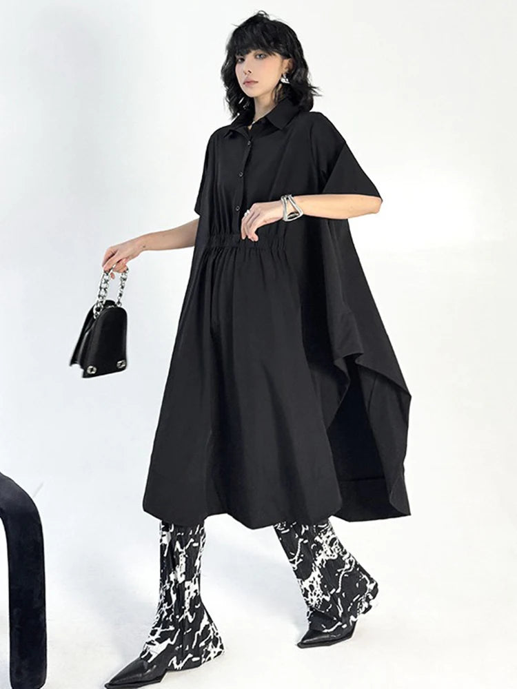 XITAO Asymmetrical Solid Color Patchwork Side Slit Dress Turn-down Collar Loose Casual Simple Slim Summer Woman Dress ZMY1302