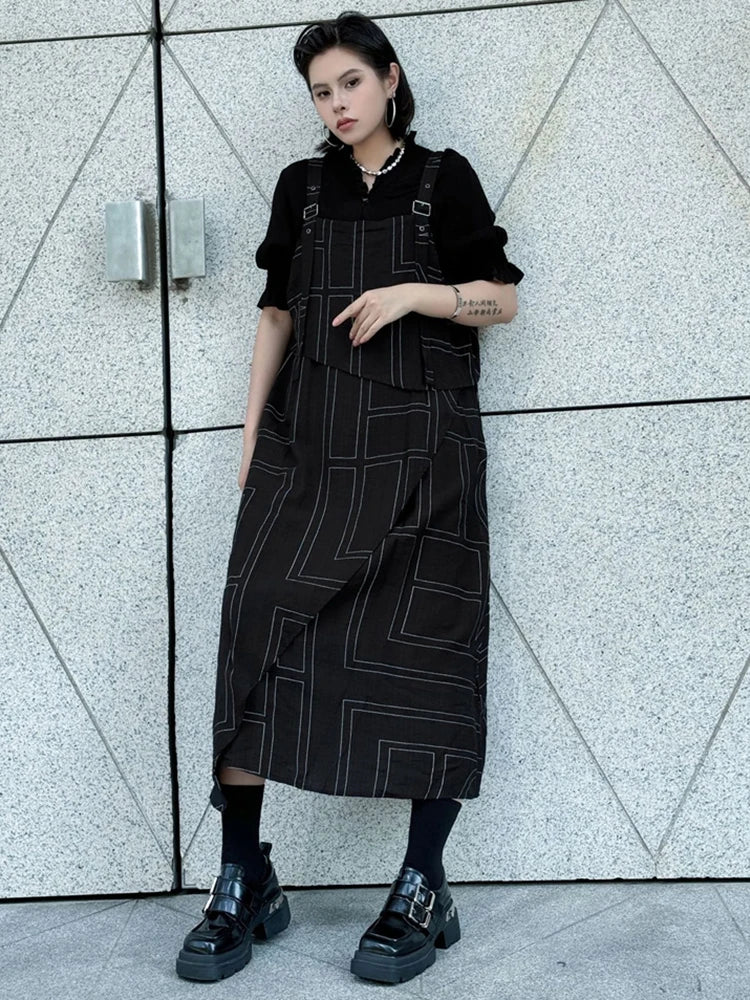 XITAO Patchwork Geometric Loose Strap Dress Sleeveless Casual Square Collar Simple All-match Slimming Summer Woman Dress HQQ2492