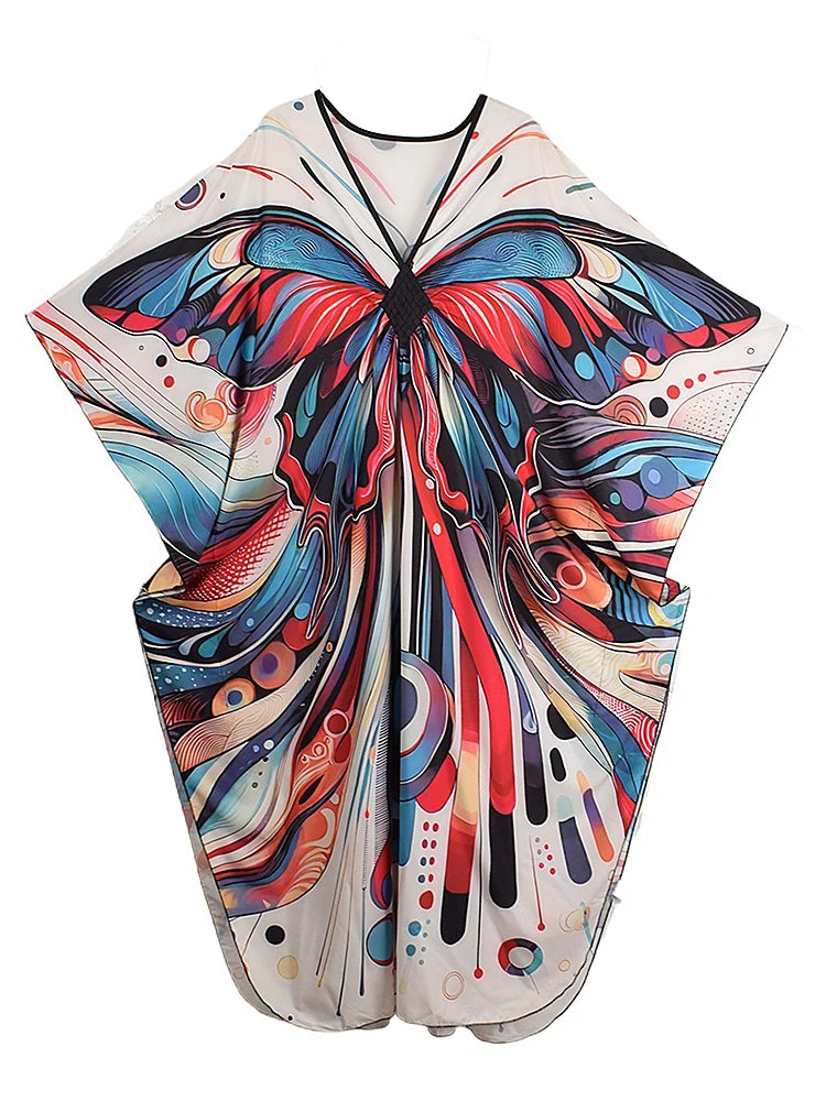 XITAO Butterfly Print V-neck Dress Bat Wing Sleeve Pullovers Side Slit Casual Vintage Ankle-length Summer Woman Dress GJ1168