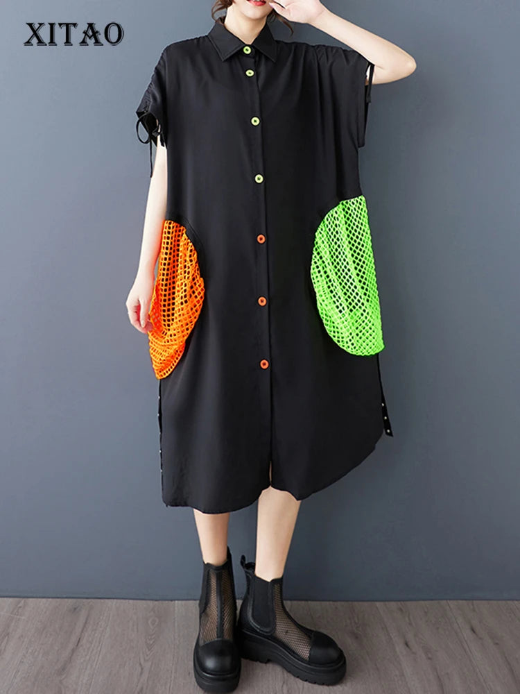 XITAO Irregular Hollow Out Female Shirt Dress Personality Contrast Color Patchwork Women Loose Vintage Slimming Dress ZMY1057
