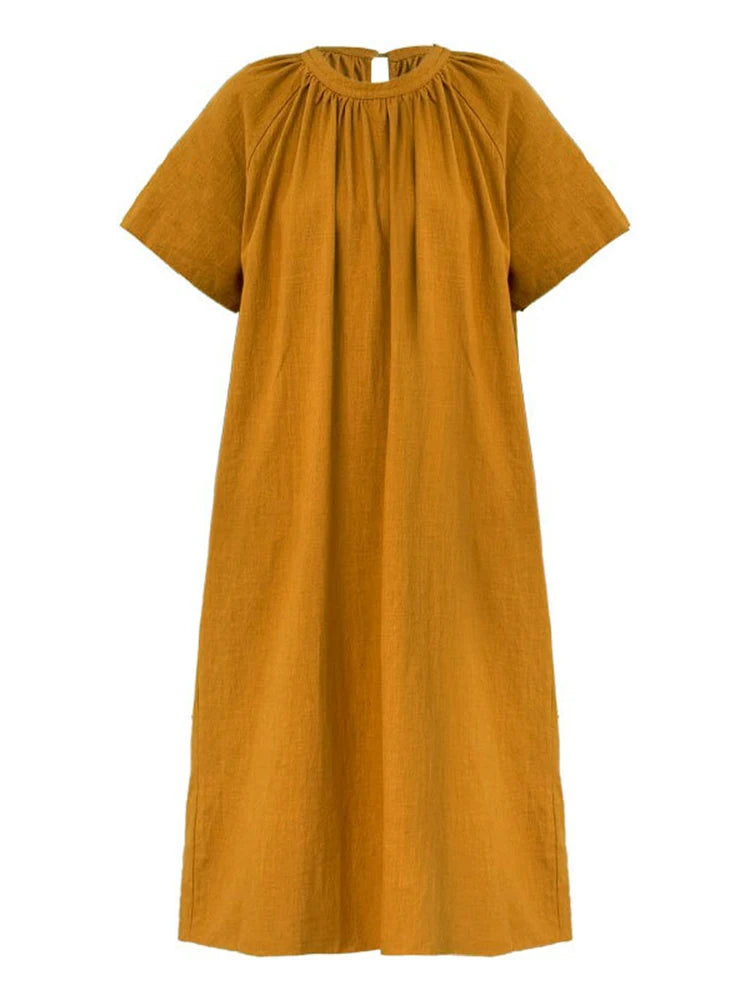 XITAO Back Hollow Out Loose Dress Solid Color Casual O-neck Temperament Short Sleeve Simple Slimming Summer Woman Dress ZMY1290