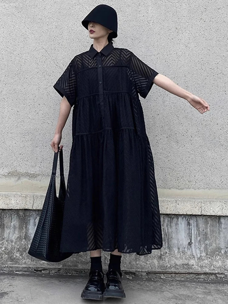 XITAO Patchwork Hollow Out Female Two Piece Dress Turn-down Collar A-line Casual Short Sleeve Simple Summer Woman Dress ZMY1259