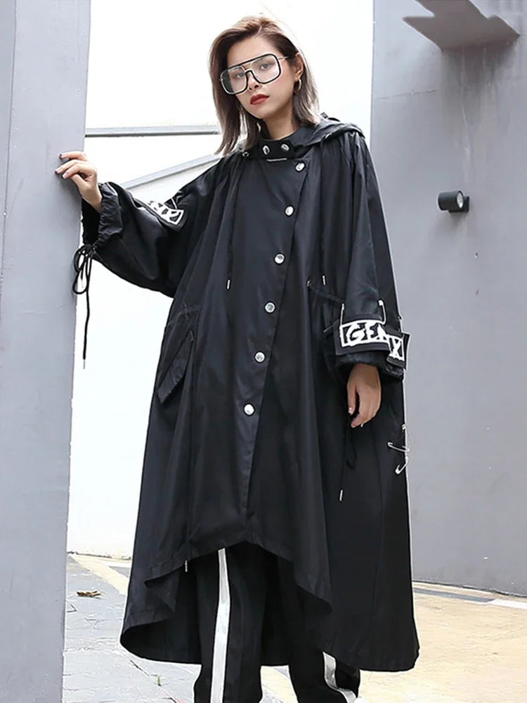 XITAO Spliced Black Trench For Women Tide Long Print Streetwear Hoodie Casual Female Wide Waisted Coat 2019 ZLL1100