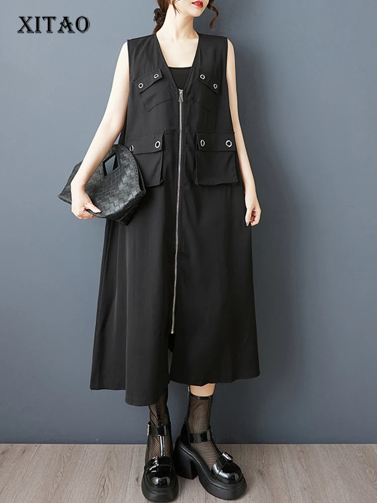 XITAO Zipper Pocket V-neck Dress Sleeveless Casual Solid Color Patchwork Temperament Slimming Summer Woman Dress ZMY1311