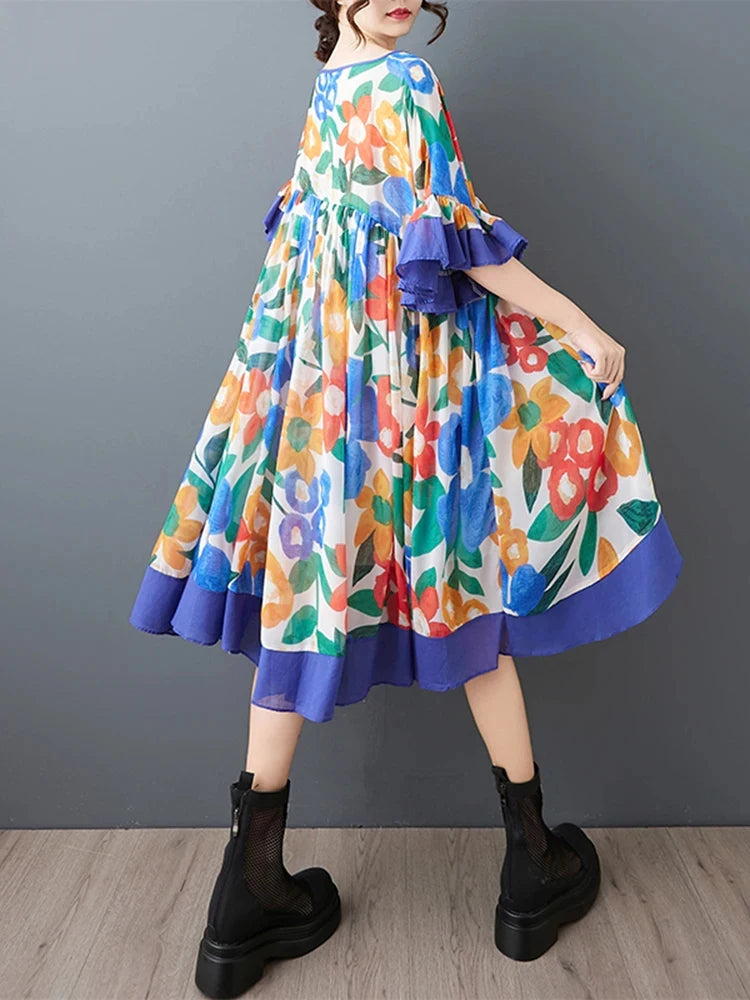 XITAO Pleated Loose Print Dress V-neck Patchwork Ruffles Casual Temperament Trend Personality Summer Woman Dress ZMY1281