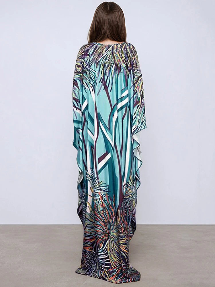 XITAO Print Batwing Sleeve Dress Casual A-line Personality Loose Fitting V-neck Full Sleeve New Summer Female Dress GJ1150