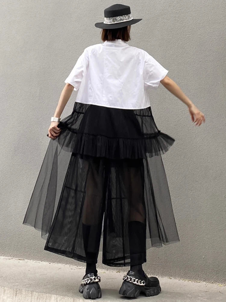XITAO Mesh Single Breasted Turn-down Collar Dress Casual Slimming A-line Patchwork Short Sleeve Summer Women Dress ZMY1073