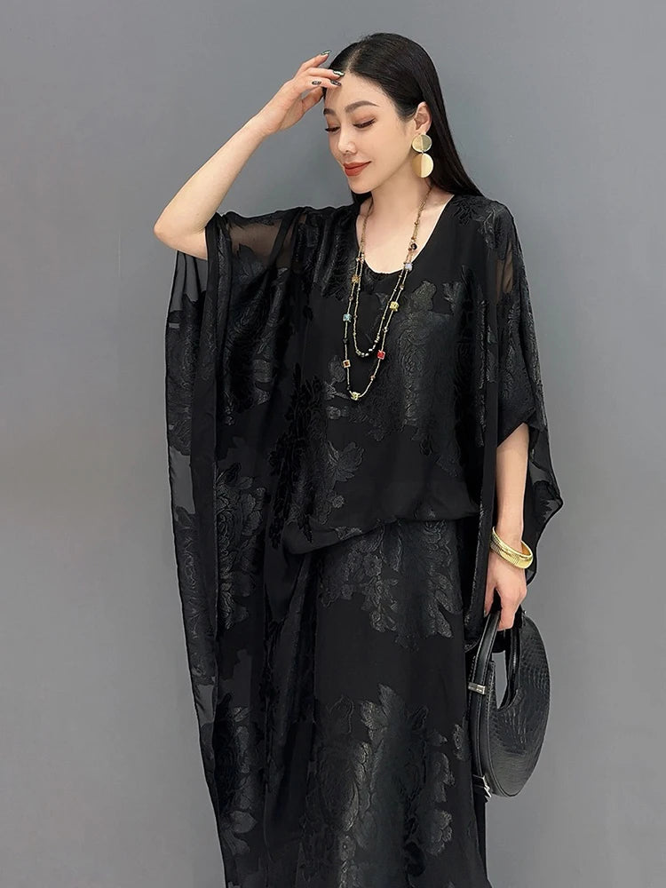 XITAO Jacquard Asymmetrical Folds Pullover Dress Solid Color O-neck Loose Temperament All Match Slimming Casual Dress ZMY1178