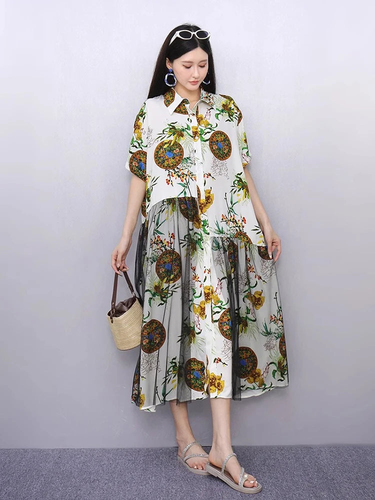 XITAO Gauze Patchwork Print Contrast Color Dress Turn-down Collar Single Breasted Short Sleeve Loose Casual Match Dress ZMY1334
