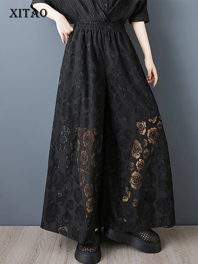 XITAO Mesh Pleated Elastic Waist Pant Casual Solid Color Loose Fitting New Arrival Wide Leg Slimming Summer Women Pant ZMY1232
