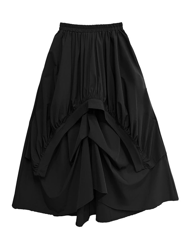 XITAO Fold Solid Color Elastic Waist Skirt Pocket Patchwork A-line Mid-calf Loose All Match Slimming Temperament Skirt ZMY1187