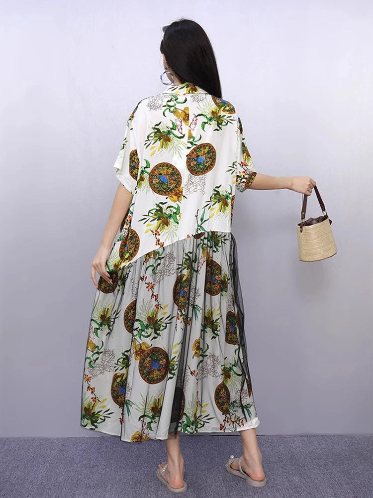 XITAO Gauze Patchwork Print Contrast Color Dress Turn-down Collar Single Breasted Short Sleeve Loose Casual Match Dress ZMY1334